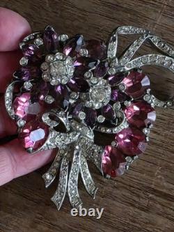 Vintage Mazer Attr. Purple, Pink Crystal Rhinestone Figural Floral Brooch