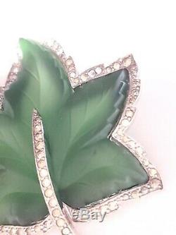 Vintage Mazer Bros Signed Jomaz Green Glass Maple Leaf Rhinestone Brooch Silver