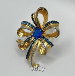 Vintage Mazer Gold Plate Sapphire Crystal Bow Brooch Chanel Set Rhinestones Blue