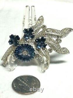 Vintage Mazer Molded Sapphire Blue Flower & Crystal Rhinestone Flower Brooch