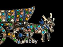 Vintage Mechanical Covered Wagon Oxen Multicolor Rhinestone Pin Brooch 1930s