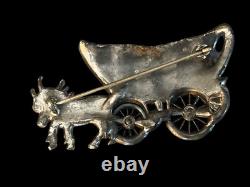 Vintage Mechanical Covered Wagon Oxen Multicolor Rhinestone Pin Brooch 1930s