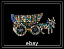 Vintage Mechanical Covered Wagon Oxen Multicolor Rhinestone Pin Brooch 1930s