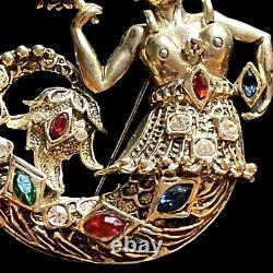 Vintage Mermaid Brooch Pin Figural Bejeweled Gold Tone Sea Queen Crown Fish Tail