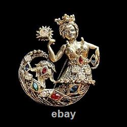 Vintage Mermaid Brooch Pin Figural Bejeweled Gold Tone Sea Queen Crown Fish Tail