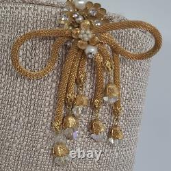 Vintage Mesh Brooch Gold Tone Pearl Rhinestone Tassel Crystal Dangle