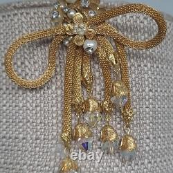 Vintage Mesh Brooch Gold Tone Pearl Rhinestone Tassel Crystal Dangle