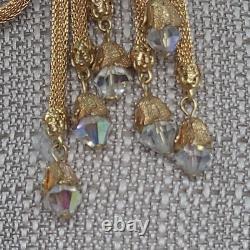 Vintage Mesh Brooch Gold Tone Pearl Rhinestone Tassel Crystal Dangle