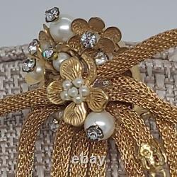 Vintage Mesh Brooch Gold Tone Pearl Rhinestone Tassel Crystal Dangle
