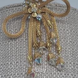 Vintage Mesh Brooch Gold Tone Pearl Rhinestone Tassel Crystal Dangle