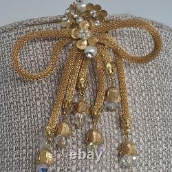 Vintage Mesh Brooch Gold Tone Pearl Rhinestone Tassel Crystal Dangle