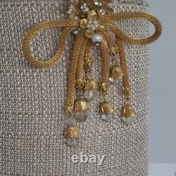 Vintage Mesh Brooch Gold Tone Pearl Rhinestone Tassel Crystal Dangle