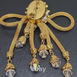 Vintage Mesh Brooch Gold Tone Pearl Rhinestone Tassel Crystal Dangle