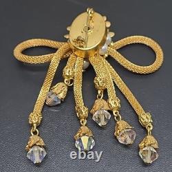 Vintage Mesh Brooch Gold Tone Pearl Rhinestone Tassel Crystal Dangle