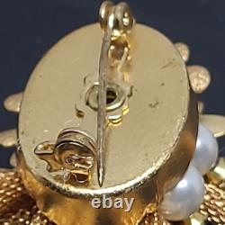 Vintage Mesh Brooch Gold Tone Pearl Rhinestone Tassel Crystal Dangle