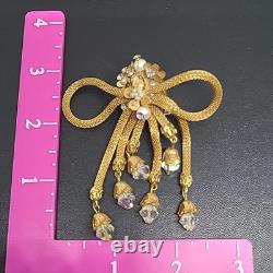 Vintage Mesh Brooch Gold Tone Pearl Rhinestone Tassel Crystal Dangle
