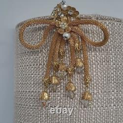 Vintage Mesh Brooch Gold Tone Pearl Rhinestone Tassel Crystal Dangle