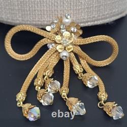 Vintage Mesh Brooch Gold Tone Pearl Rhinestone Tassel Crystal Dangle