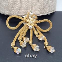 Vintage Mesh Brooch Gold Tone Pearl Rhinestone Tassel Crystal Dangle