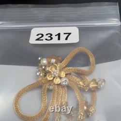 Vintage Mesh Brooch Gold Tone Pearl Rhinestone Tassel Crystal Dangle