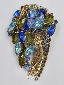 Vintage Mid-Century Blue & Olive Green Rhinestone Cascade Designer Brooch Pin 3