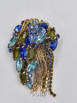 Vintage Mid-Century Blue & Olive Green Rhinestone Cascade Designer Brooch Pin 3