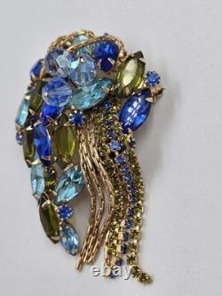 Vintage Mid-Century Blue & Olive Green Rhinestone Cascade Designer Brooch Pin 3
