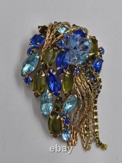 Vintage Mid-Century Blue & Olive Green Rhinestone Cascade Designer Brooch Pin 3