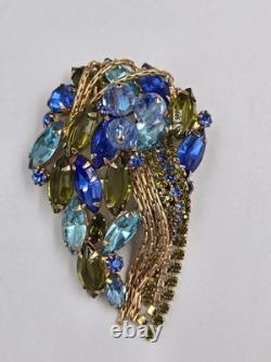 Vintage Mid-Century Blue & Olive Green Rhinestone Cascade Designer Brooch Pin 3