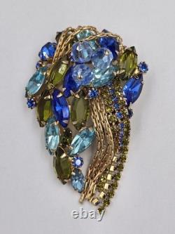 Vintage Mid-Century Blue & Olive Green Rhinestone Cascade Designer Brooch Pin 3