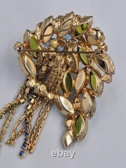 Vintage Mid-Century Blue & Olive Green Rhinestone Cascade Designer Brooch Pin 3