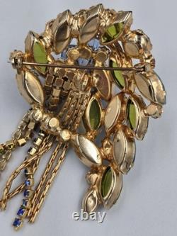 Vintage Mid-Century Blue & Olive Green Rhinestone Cascade Designer Brooch Pin 3