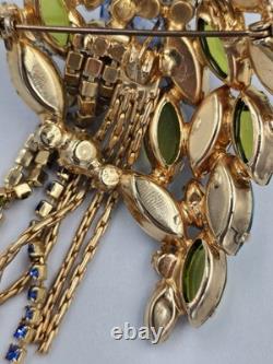Vintage Mid-Century Blue & Olive Green Rhinestone Cascade Designer Brooch Pin 3
