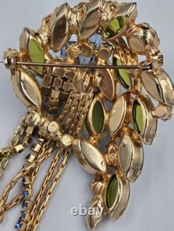 Vintage Mid-Century Blue & Olive Green Rhinestone Cascade Designer Brooch Pin 3