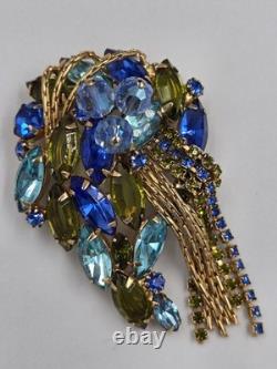 Vintage Mid-Century Blue & Olive Green Rhinestone Cascade Designer Brooch Pin 3