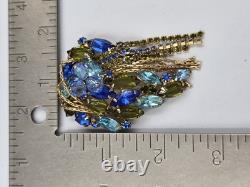 Vintage Mid-Century Blue & Olive Green Rhinestone Cascade Designer Brooch Pin 3
