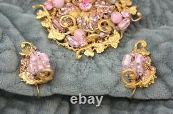Vintage Miriam Haskell Gold Floral Filigree Pink Rhinestone Bead Brooch Earrings