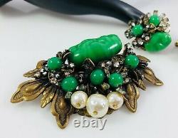 Vintage Miriam Haskell Jade Green Glass Pearl RS Large Pin Brooch & Earrings Set