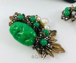 Vintage Miriam Haskell Jade Green Glass Pearl RS Large Pin Brooch & Earrings Set