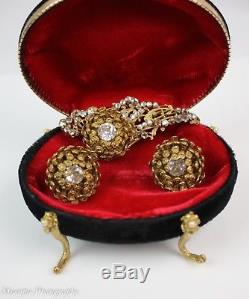 Vintage Miriam Haskell Rhinestone Brooch Earrings Set Demi Parure Signed