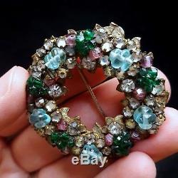 Vintage Miriam Haskell Rhinestone Glass Wreath Circle Pin Brooch