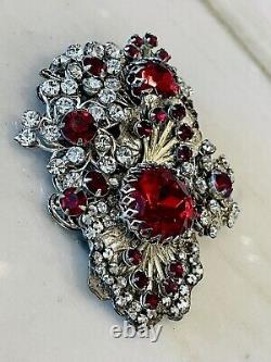 Vintage Miriam Haskell Ruby Red Art Glass Filigree, Floral & Rhinestone Brooch
