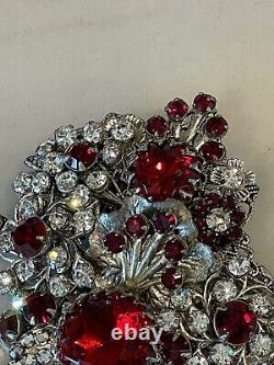 Vintage Miriam Haskell Ruby Red Art Glass Filigree, Floral & Rhinestone Brooch