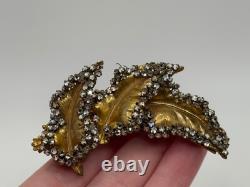 Vintage Miriam Haskell Signed Gold Tone Leaf Rhinestone Brooch