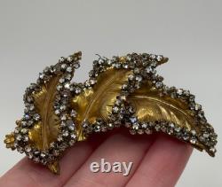Vintage Miriam Haskell Signed Gold Tone Leaf Rhinestone Brooch