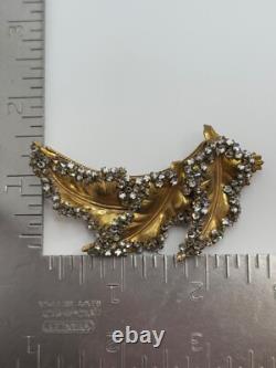 Vintage Miriam Haskell Signed Gold Tone Leaf Rhinestone Brooch
