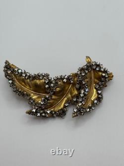 Vintage Miriam Haskell Signed Gold Tone Leaf Rhinestone Brooch