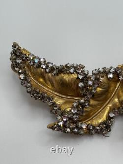 Vintage Miriam Haskell Signed Gold Tone Leaf Rhinestone Brooch