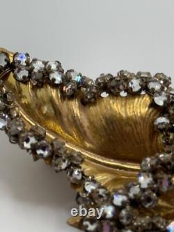Vintage Miriam Haskell Signed Gold Tone Leaf Rhinestone Brooch