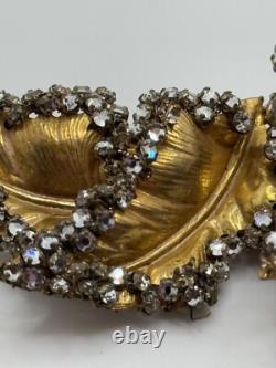 Vintage Miriam Haskell Signed Gold Tone Leaf Rhinestone Brooch
